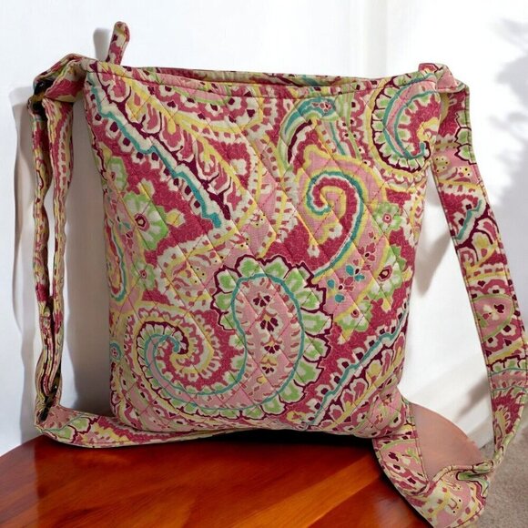Vera Bradley Quilted Paisley Crossbody Bag Pink Yellow Green 9.5"W x 11"H - Picture 3 of 5